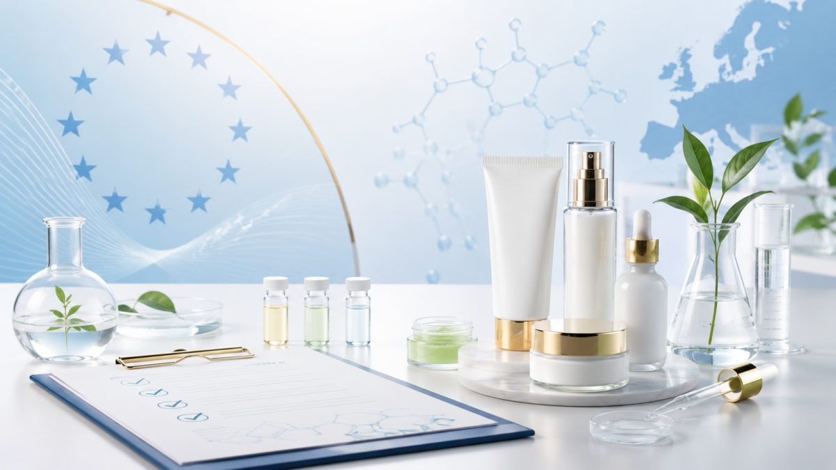 Cosmetic products, laboratory glassware and an ingredient review checklist representing EU Cosmetics Regulation 2026/909 compliance.