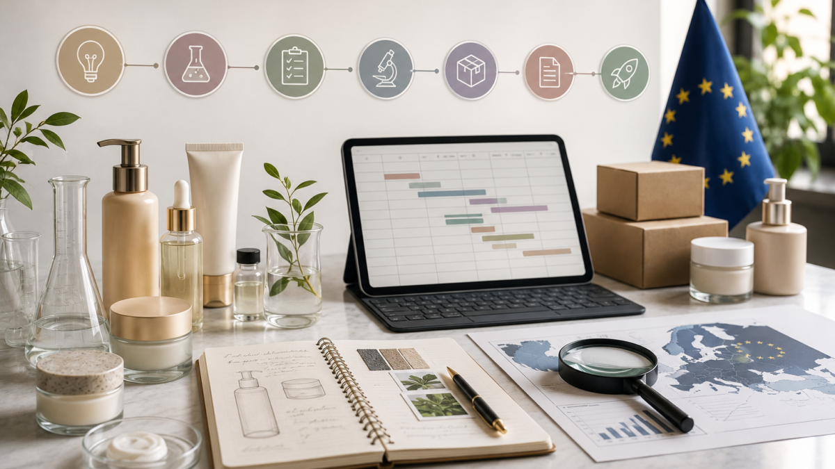 Cosmetic product launch planning workspace with skincare products, laboratory equipment, an EU map and a project timeline.