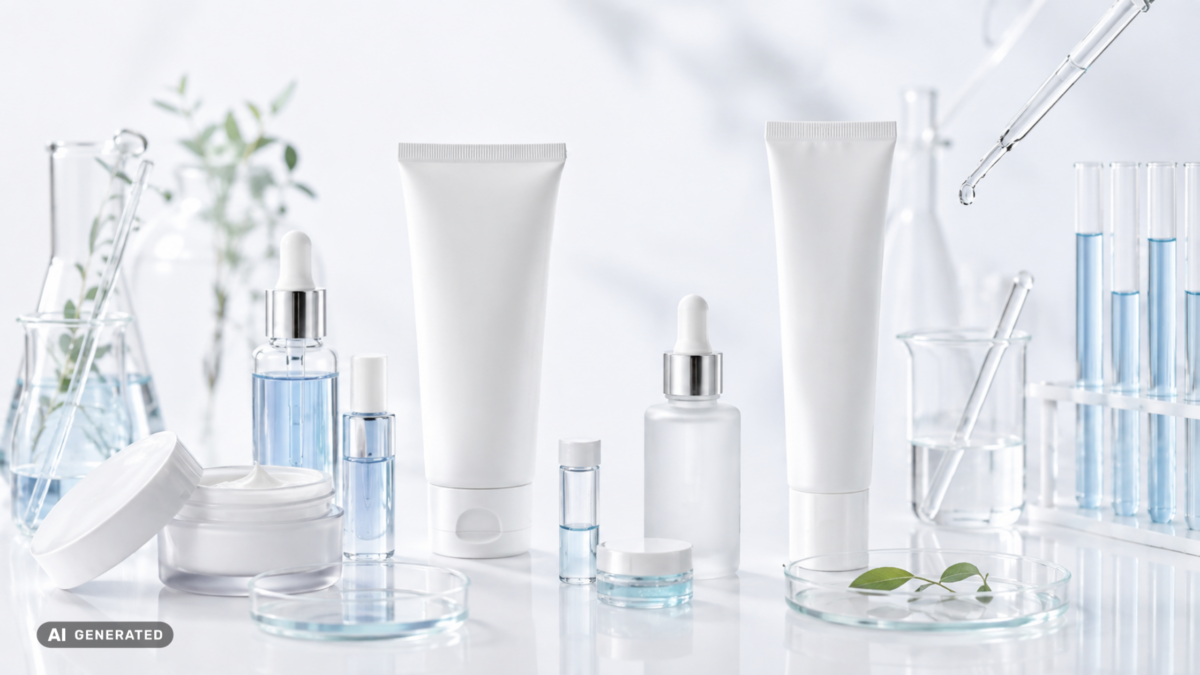 Cosmetic laboratory setup with skincare products, glass containers and testing equipment representing ingredient analysis and regulatory compliance.