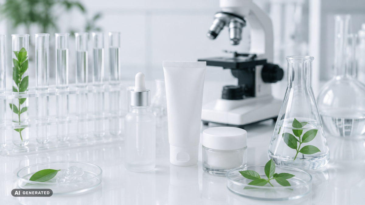 Cosmetic and supplement products in a laboratory environment representing sustainability testing and evidence-based environmental claims