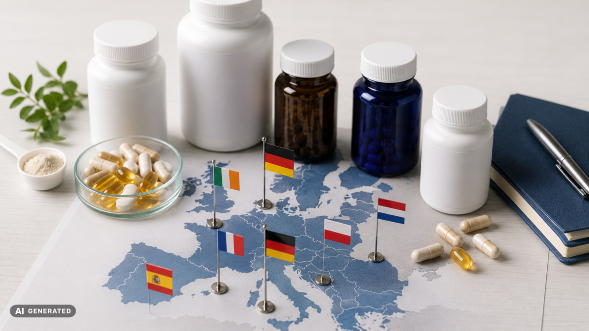 Food supplement bottles, capsules and powders arranged on a map of Europe to illustrate multi-country EU supplement market entry.